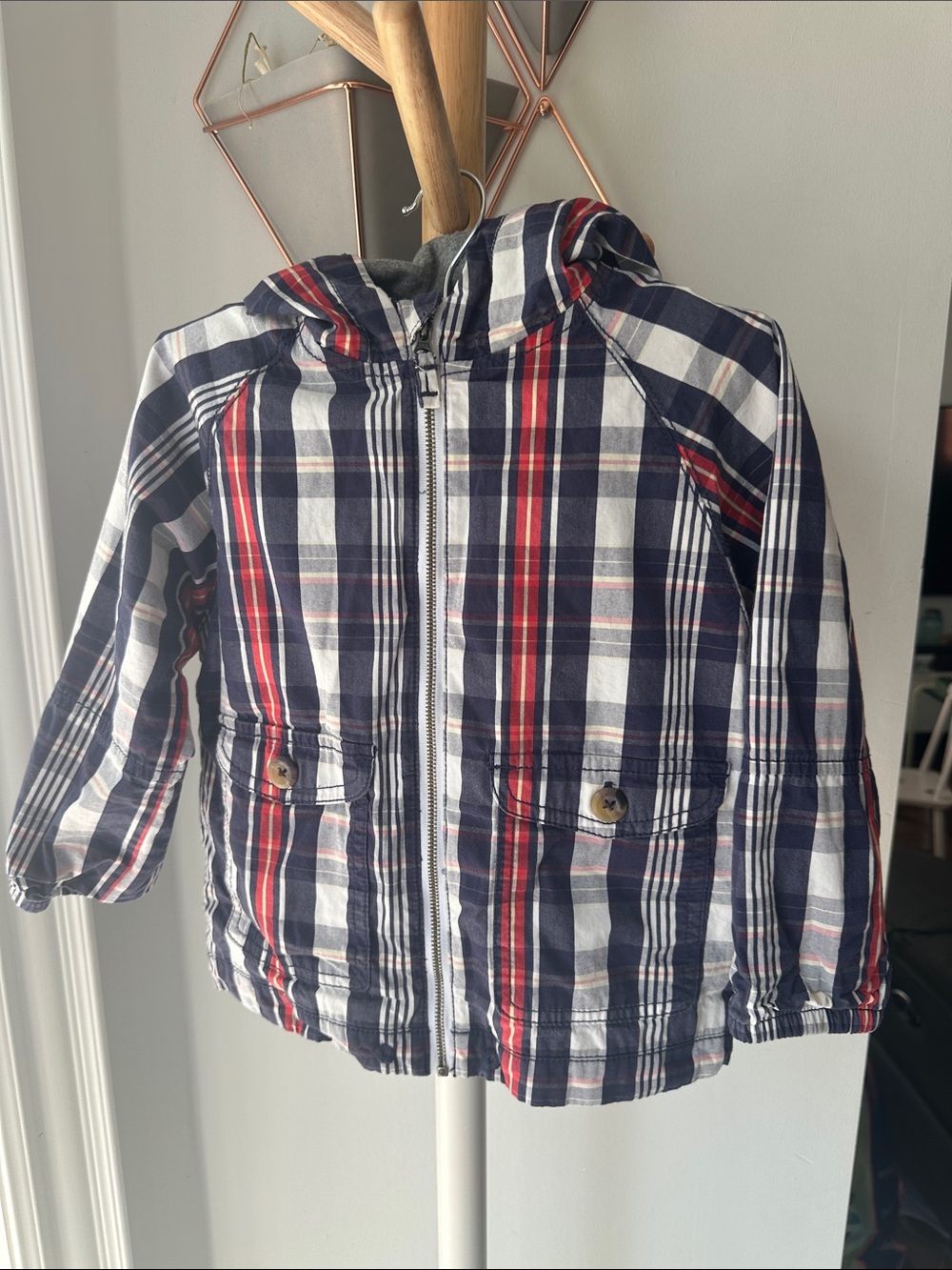 OSHKOSH B’GOSH 3T Toddler Boys Kids Plaid Hooded Jacket Jean Chambray Navy Red